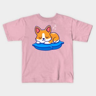 Cute Corgi Dog Sleeping On Pillow Cartoon Kids T-Shirt